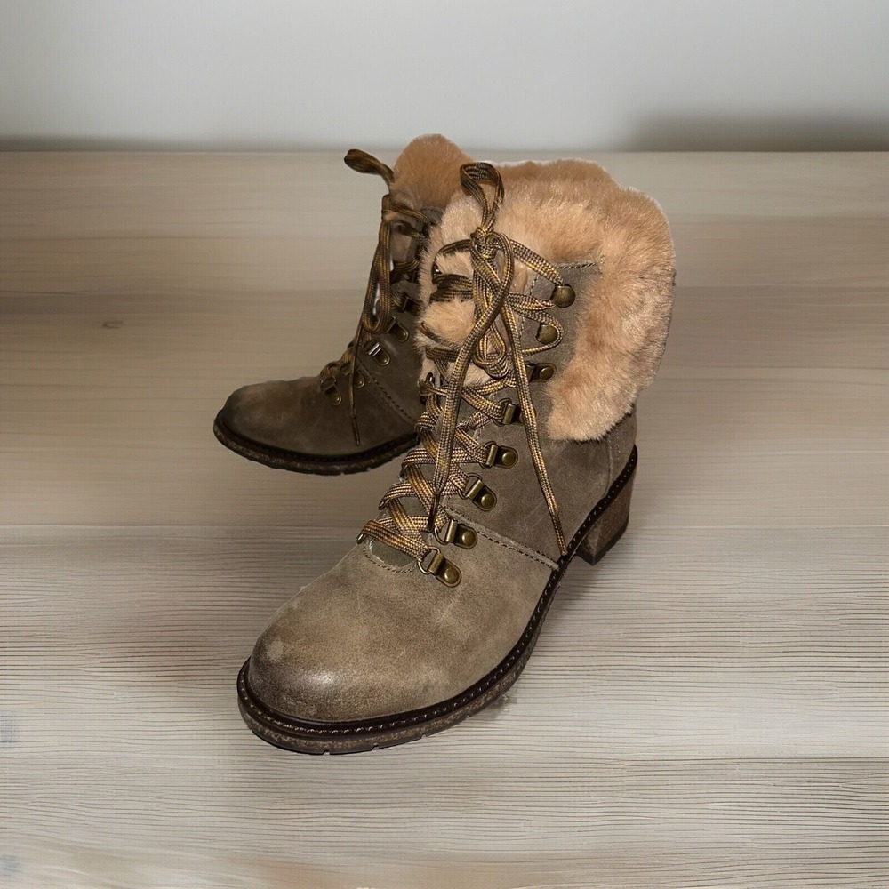 Aetrex Brooklyn Women 8.5 Olive Green Leather Faux Fur Hiker Laced‎ Boots CB114W